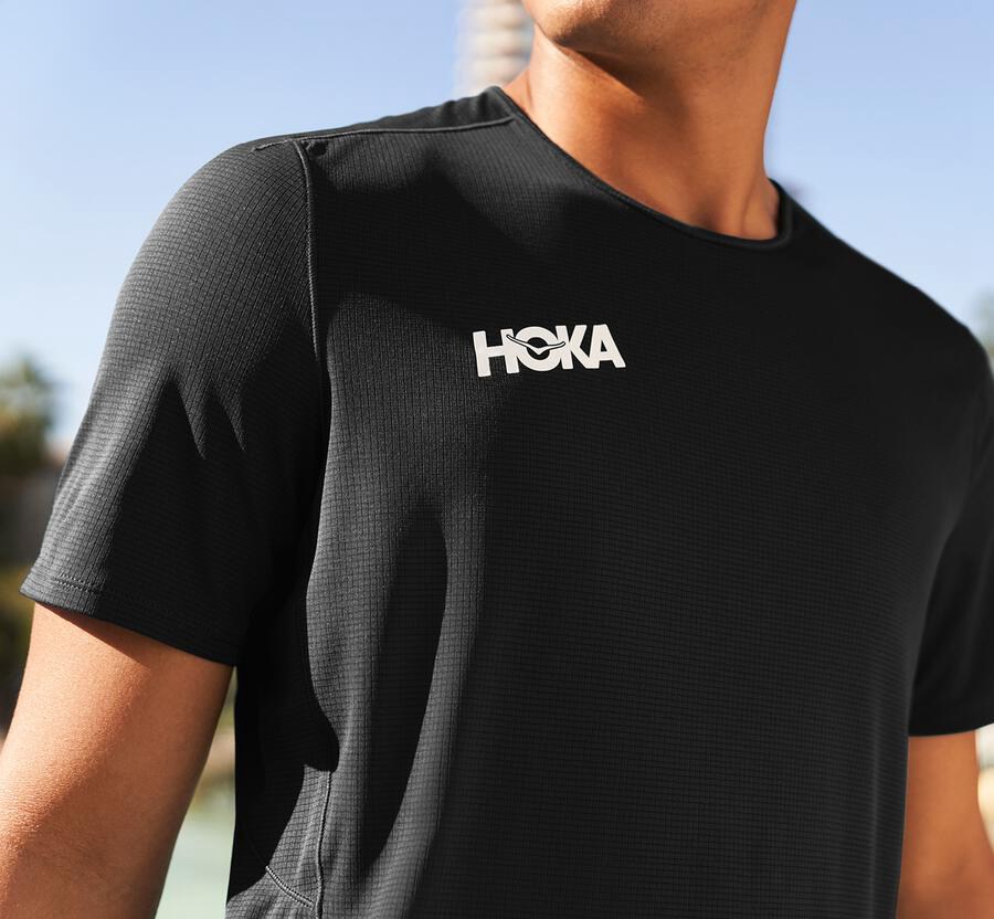 Hoka Australia One One Performance Short Sleeve - Mens Tops Black - JAFDK-1439